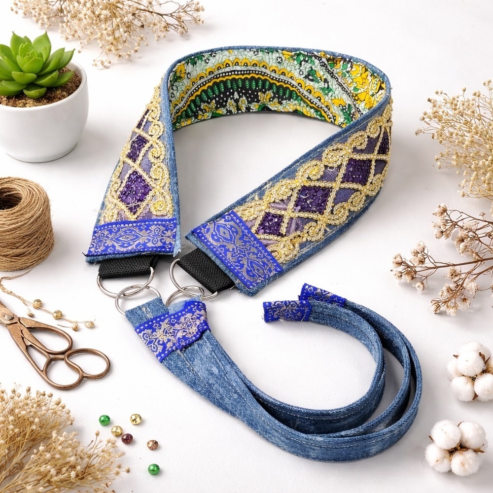 Artisan Denim Belt Handmade OOAK Boho Gold & Purple Sequin 3’ Wide Signed 30-36